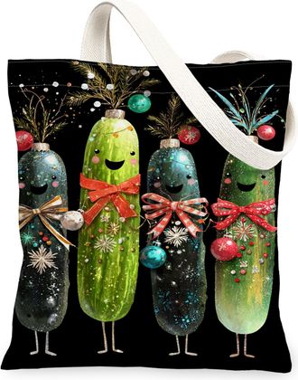 Generic Fun Vegetable Canvas Tote Bags, Festive Cucumber Pattern Reusable Grocery Bags, Holiday Vintage Lightweight Washable Canvas, Black, 13x15 Inch