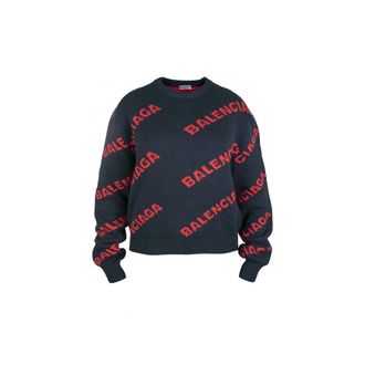 Balenciaga Truien & Vesten, Dames, Blauw, L, Wol, Logo Wool Sweater