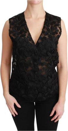 Dolce & Gabbana Bloemige Elegante Mouwloze Vest - Dames - Tops zonder mouwen - Zwart - S - Leer - Tops