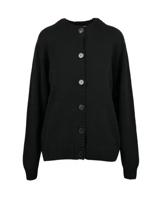 Amaranto Black Crew Neck Button-Down Wool-Cashmere Cardigan
