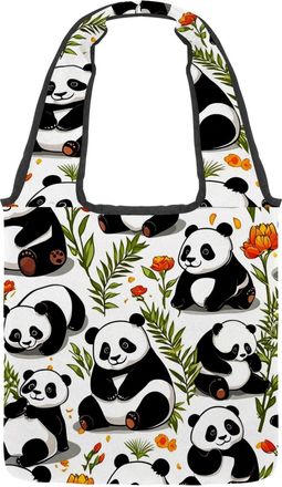 Generic Cute Panda Pattern Reversible Canvas Shoulder Tote - Double-Sided Print, 12oz Cotton, 27cm Drop, Fold-Flat Bag for Travel, Shopping, Street Outings