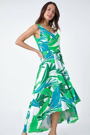 Roman Sleeveless Palm Print High Low Maxi Dress