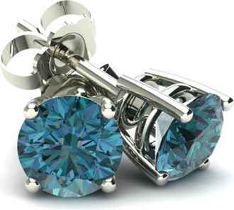 Pompeii3 85Ct Round Brilliant Cut Heat Treated Blue Diamond Stud Earrings in 14K Gold Basket Setting