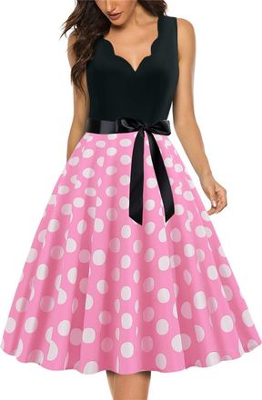 Generic Women Vintage 1950s Rockabilly V Neck Polka Dot Summer Swing A Line Midi Dress Cocktail Party Evening Prom Gown Formal Wedding Guest Dresses for Women