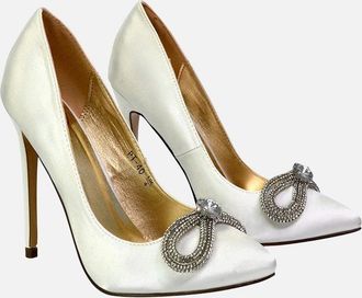 XY London Womens XY London Womens/Ladies Lane Diamante Satin Pointed Bow Stiletto Heel Court Shoes - Cream - Size: 5