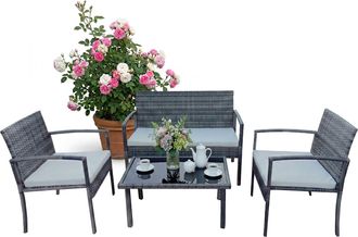 Relaxdays Relaxdays, Conjunto De Jard&iacute;n 4 Pzas, Rat&aacute;n Para 4 Personas, Banco, 2 Sillas Y Mesa De Cristal, Exterior, Gris