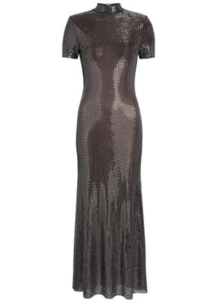 Self Portrait Rhinestone-embellished Mesh Midi Dress - Grey - 16 (UK16 / XL)
