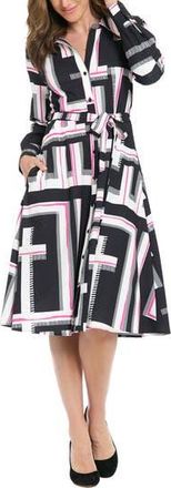 London Times Tie Waist Long Sleeve Shirtdress in Black/O Pink at Nordstrom Rack, Size 12P
