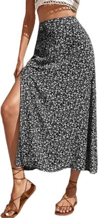 Generic Summer Womens New Floral Skirt Slit A-line Long Skirt - Black - XL