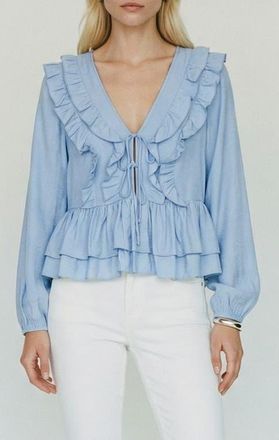 Vero Moda Zoey Ruffle Peplum Chambray Top in Brunnera Blue at Nordstrom, Size X-Large