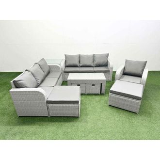Fimous Outdoor Garden Furniture Set pe Rattan 3 Seater Sofa Reclining Chair Set with Oblong Coffee Table 4 Footstools Side Table Light Grey - Fimous