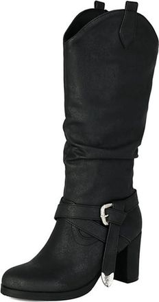 Generic Womens Western Knee High Slouch Boots Chunky High Heel Round Toe with Buckle Strap Pull On Cowgirl Winter Shoes (Black,7.5)