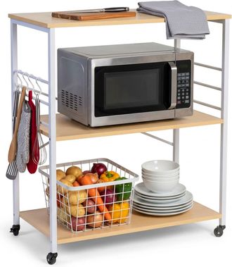 Relaxdays Relaxdays Carrito De Cocina, 3 Estantes, 6 Ganchos En S, 89 X 80 X 40 Cm, Mdf Y Acero, Natural/blanco