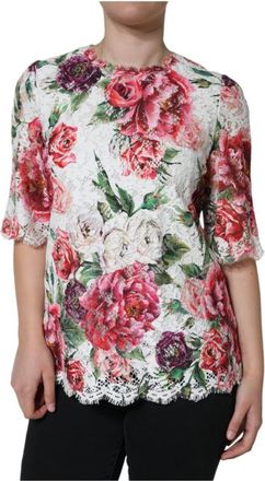 Dolce & Gabbana Witte Bloemenkanten Blouse met Zijde - Dames - Blouses - Veelkleurig - M - Katoen - Overhemden