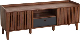 Hhg Hhg - Nunca Usado] Mueble Tv 421, Mueble Tv Lowboard, Puerta Corredera 56x150x40cm, Aspecto Nogal, Caj&oacute;n Gris Oscuro