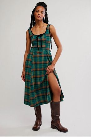 Free People Freya Plaid Dress In Kelly Green Combo
