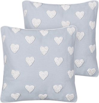 Beliani Beliani - Conjunto De 2 Cojines De Algod&oacute;n Estampado Bordado Corazones 45 X 45 Cm Gris Gazania