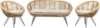 Beliani Conjunto 4 Plazas Rat&aacute;n Sof&aacute; Sill&oacute;n Boho Beige Claro Coj&iacute;n Tela Algod&oacute;n Resistencia Media Interior Natural Maratea