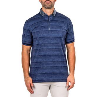 Maceoo Marthyr Stripe Contrast Collar Cotton Polo in Blue at Nordstrom, Size 4
