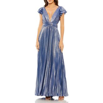 Mac Duggal Pleated Metallic Gown with Ruffle Sleeves and Waist Cutout in Blue at Nordstrom, Size 10