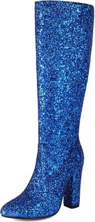 Generic Womens Knee-High Boots In Glitter Fabric Pointed Toe Chunky Block Heels Vibrant Color Sleek Silhouette Soft Inner Lining Durable Non-Slip Outsole,Blue