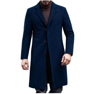 Generic Mens Trench Coat Long Autumn Winter Jackets Single Breasted Mid Length Wool Coat Windbreaker Warm Coat Plain Lapel Neck Business Overcoat Formal Open 