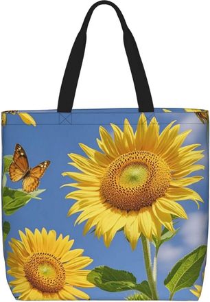 Generic Cute Sunflower And Butterfly Shopping Bag Eco Friendly Shoulder Bag Lightweight Tote Bags For Camping Work Ladies