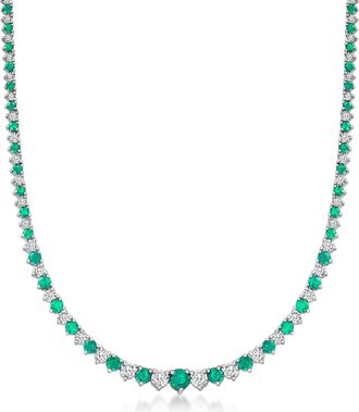 Ross-Simons Emerald and Diamond Necklace in Sterling Silver