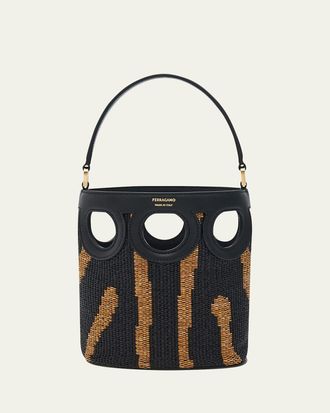 Ferragamo Cutout Woven Raffia Bucket Bag