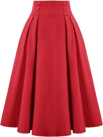Generic Womens Plaid Midi Skirt High Waist Pleated Skirt with Pockets Elegant Flared A-Line Stretch Waist Skirt-Red-S