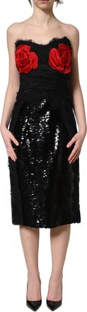 Dolce & Gabbana Womens Black Strapless Red Rose Sequined Midi Dress Polyester