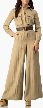 Ivonne Long Sleeve Button-Front Safari Utility Wide-Leg Jumpsuit in Olive Green at Nordstrom, Size 12
