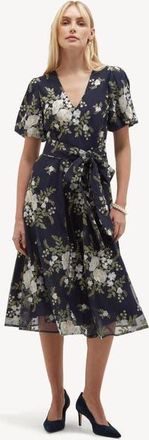 Hobbs London Ira Embroidered V-Neck Midi Dress in Midnightivory at Nordstrom, Size 14