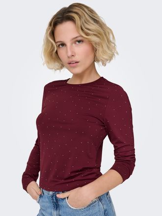 Only Langarmshirt ONLY ONLZITA L/S O-NECK TOP BF JRS, Damen, Gr. L, cabernet detail:silber rhinestones, Jersey, Obermaterial: 96% Polyester, 4% Elasthan, G