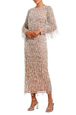Mac Duggal Long Sleeve Midi Dress with Embellished Fringe in Ivory Nude at Nordstrom, Size 10