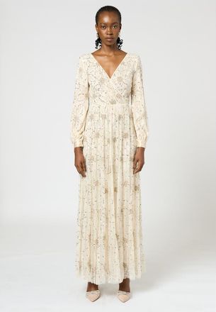 Beauut Embellished Sequin Beaded Maxi Dress with cuff sleeves in Cream at Nordstrom, Size 10
