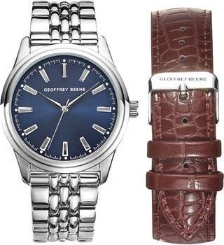 Geoffrey Beene EZ Change Bracelet Strap & Leather Strap Watch, 41mm in Silver at Nordstrom Rack