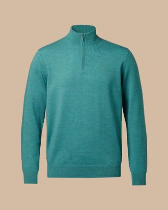 CHARLES TYRWHITT Merino Zip Neck Wool Jumper - Teal Size Medium by Charles Tyrwhitt