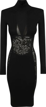 Elisabetta Franchi Ribbed Turtleneck Sheer Lace Insert Knit Dress