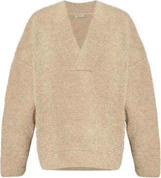Fear of God Beige wollen trui met V-hals en logopatch - Heren - V-hals truien - Beige - M - Wol - Truien & Vesten
