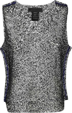 Maria Calderara Magpie Top In Black/blue Mesh Beads