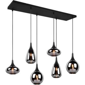 Trio Leuchten Lumina sospensione rettangolare metallo nero con 6 diffusori di vetro fume cromato in forme differenti l. 93,8CM attacco E14
