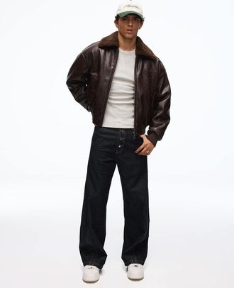Bershka giacca bomber effetto pelle con colletto marrone
