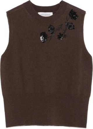 Ermanno Scervino Round-neck Knitwear, female, Brown, Size: 2XS Brown Wool Floral Sweater Vest