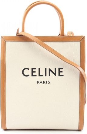 Celine Brown White Canvas Leather Tote Bag (Pre-Owned)