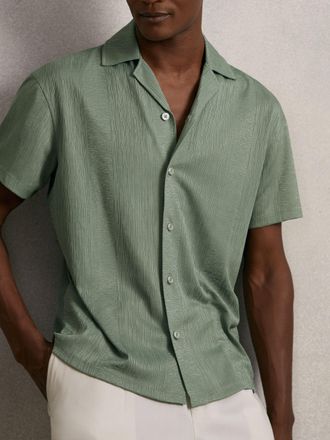 Reiss Mint Green Jacquard-stripe Cuban-collar Shirt, XS