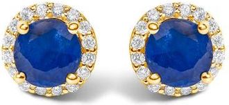 House of Brilliance 10K Gold Gemstone and 1/6 Cttw Diamond Halo Stud Earring in Yellow | Blue Sapphire at Nordstrom