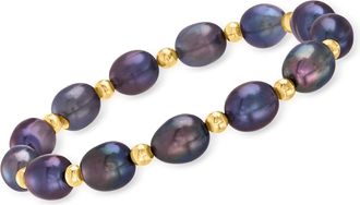 Ross-Simons 8-9mm Black Cultured Pearl and 14kt Yellow Gold Bead Stretch Bracelet
