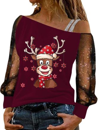 Generic Womens Christmas Jumpers Xmas Tree Snowman Print Ladies Off The Shoulder Tops Funny Christmas Jumpers for Women Sparkly Tops UK Boho Sweatshirt Xmas P