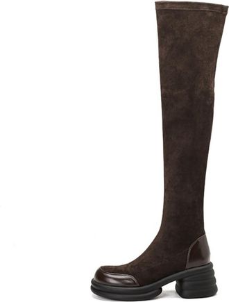 Generic Womens Over-The-Knee Suede PU Boots Round Toe Thick Layered Platform Block Heels Stretch Fit Side Detail Soft Lining Cushioned Insole Comfortable Wear